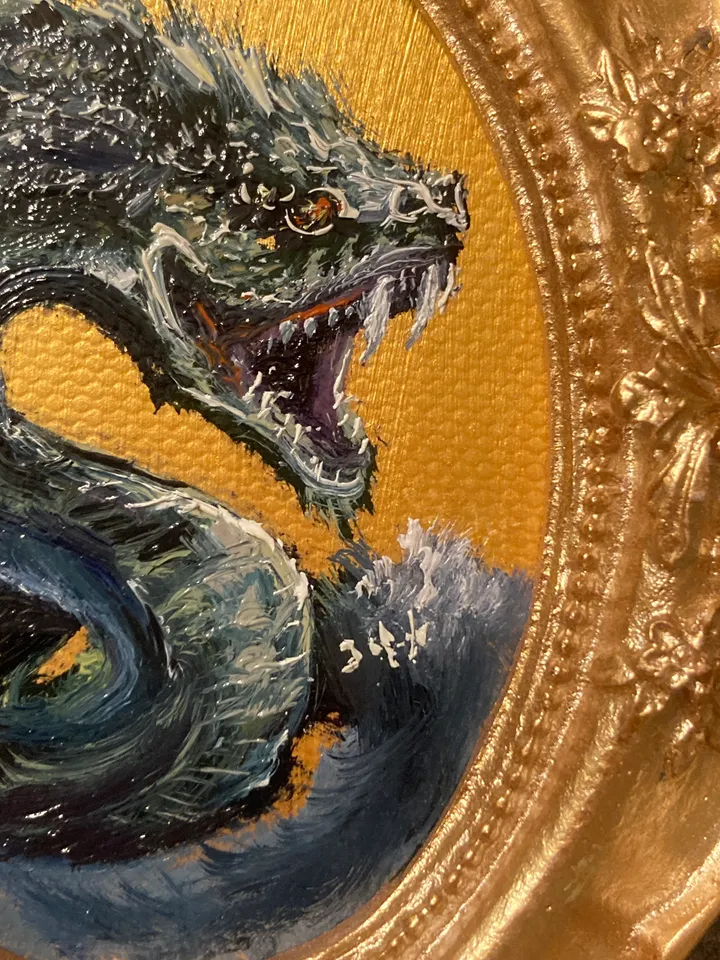 Basilisk Painting Small Original Oval Framed Art Witch Gifts Mini Gold Framed Decor, Mythical Creatures Art, Tiny Art Whimsigoth Decor