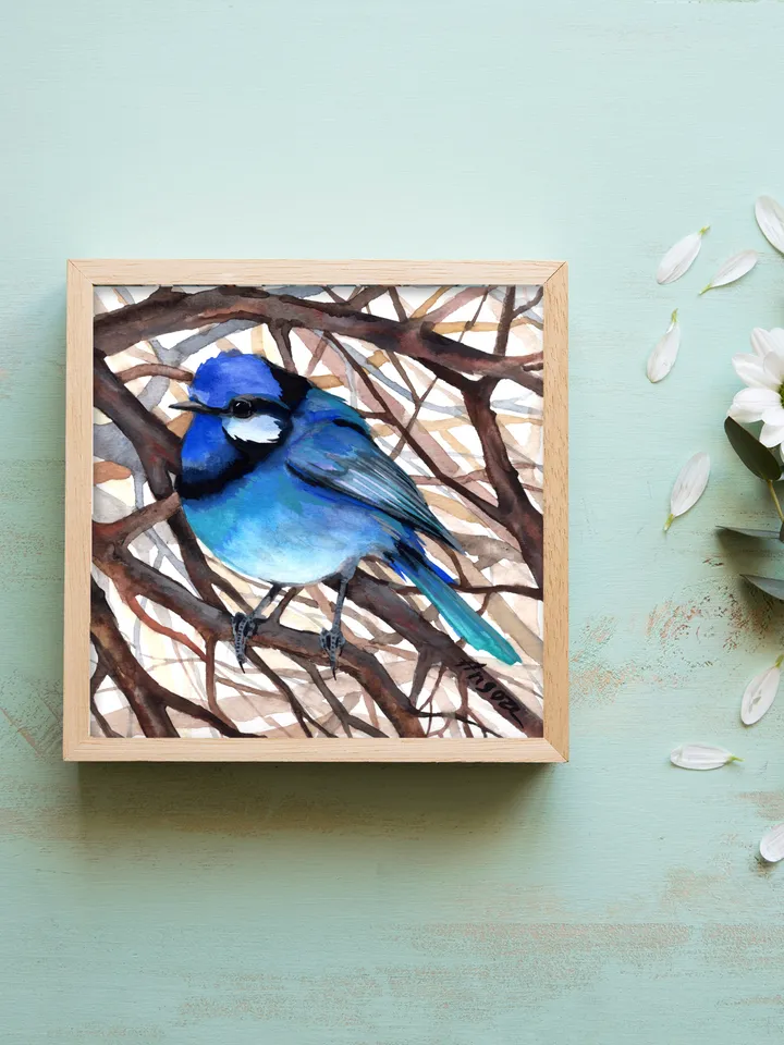 Bluebird original watercolor, birds painting, handmade wall decor, 5.7x5.7 in art for bird lovers by Anne Gorywine