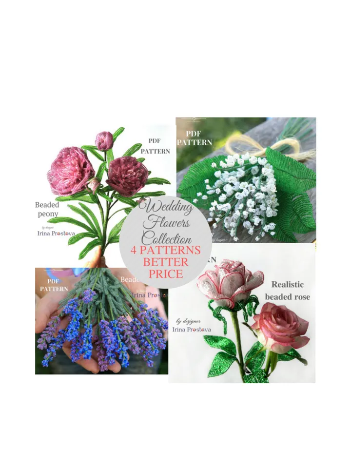 Beaded lilies of the valley, lavender, rose, peony | Beaded Flowers pattern | Seed bead patterns