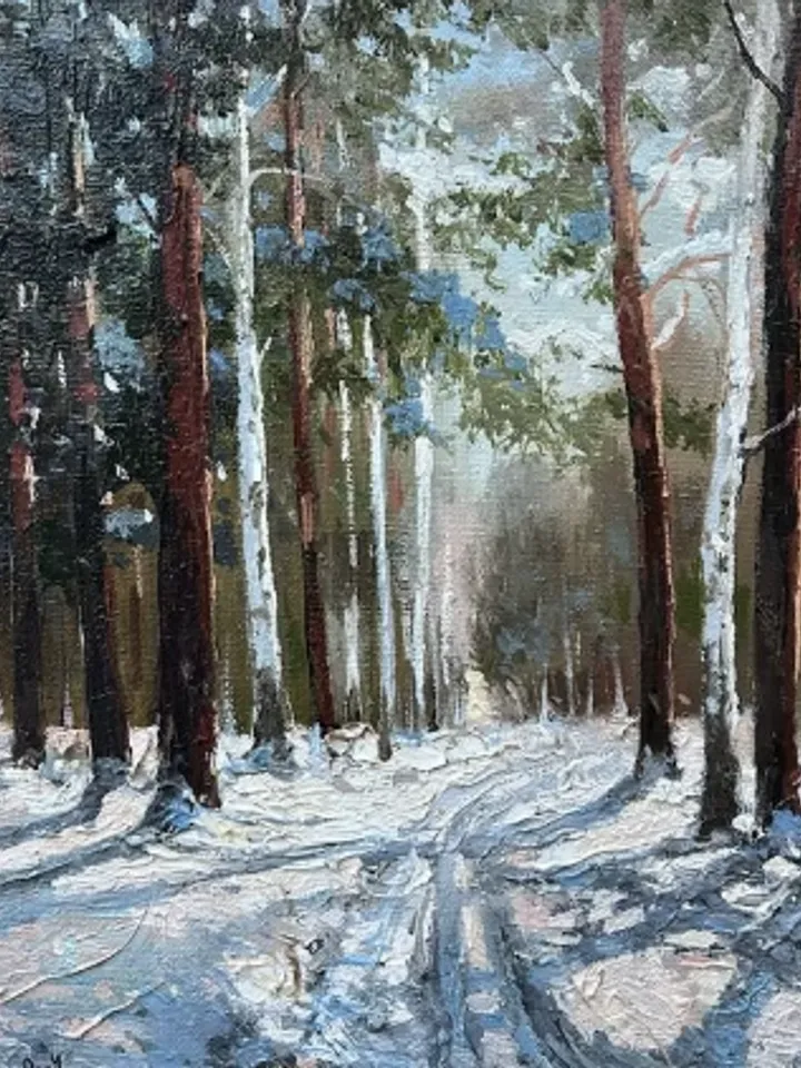 Painting on canvas “Winter path”, oil, size 24x30 cm, framed