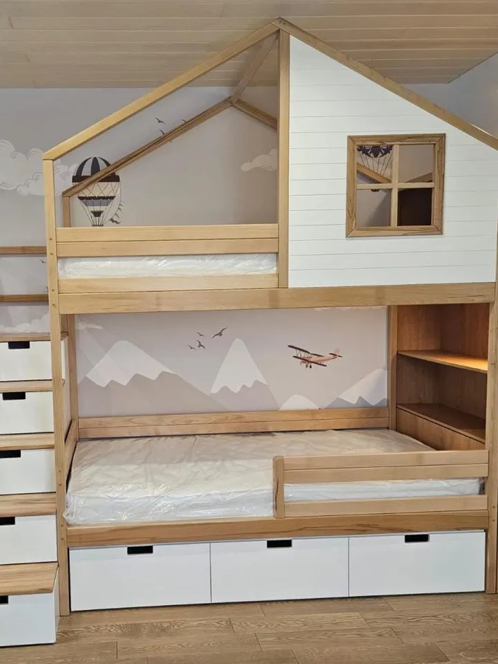 Bunk bed house made of solid beech wood with ladder and chest of drawers