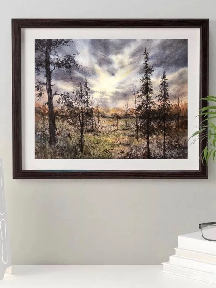 Landscape Original Watercolor Forest Painting Trees Landscape Nature Wall Art