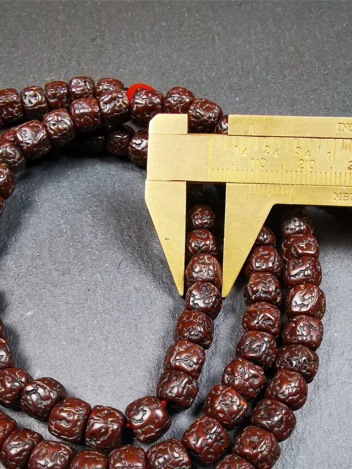 Gandhanra Old Tibetan 108 Rudraksha Mala,Prayer Beads Necklace,Rosary Beads for Meditation,Diameter 0.32", Circumference 30"