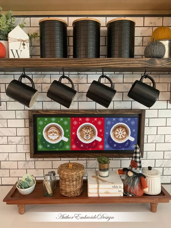 Set Christmas coffee cross stitch pattern PDF download Christmas cross stitch chart, Cup of latte cappuccino coffee, Snowflake, Deer #N150