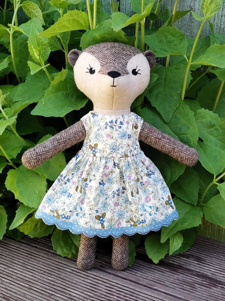 Beige otter girl, handmade plush doll, stuffed otter toy, textile animal doll