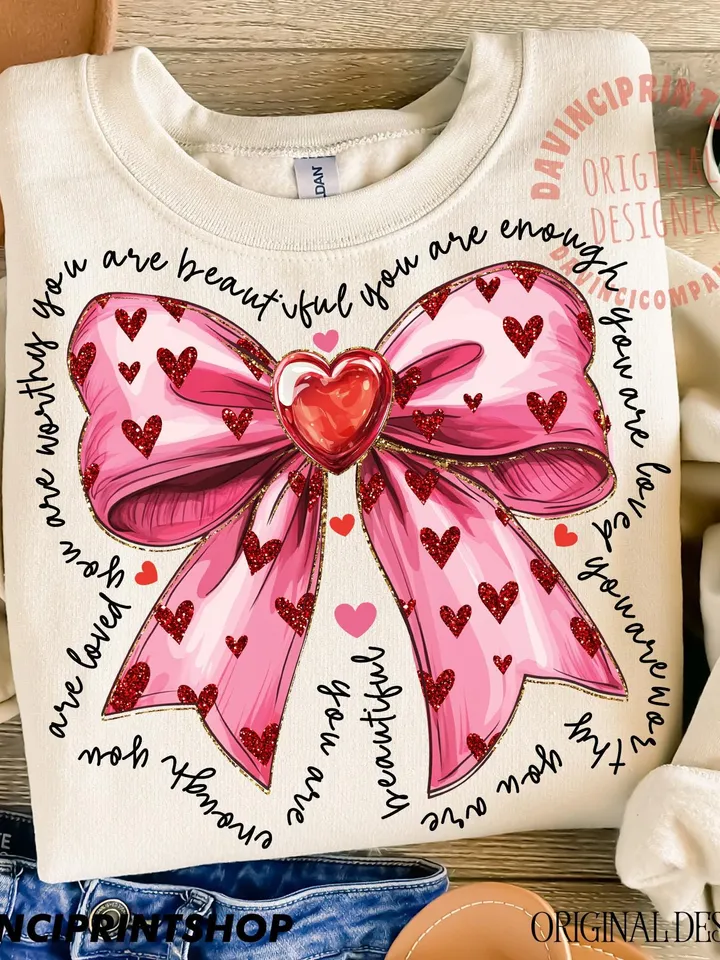 Pink valentine coquette heart png, You Are Enough, Loved, Worthy Png, Valentine Png, Glitter Valentine Png, Valentine coquette png, Love png