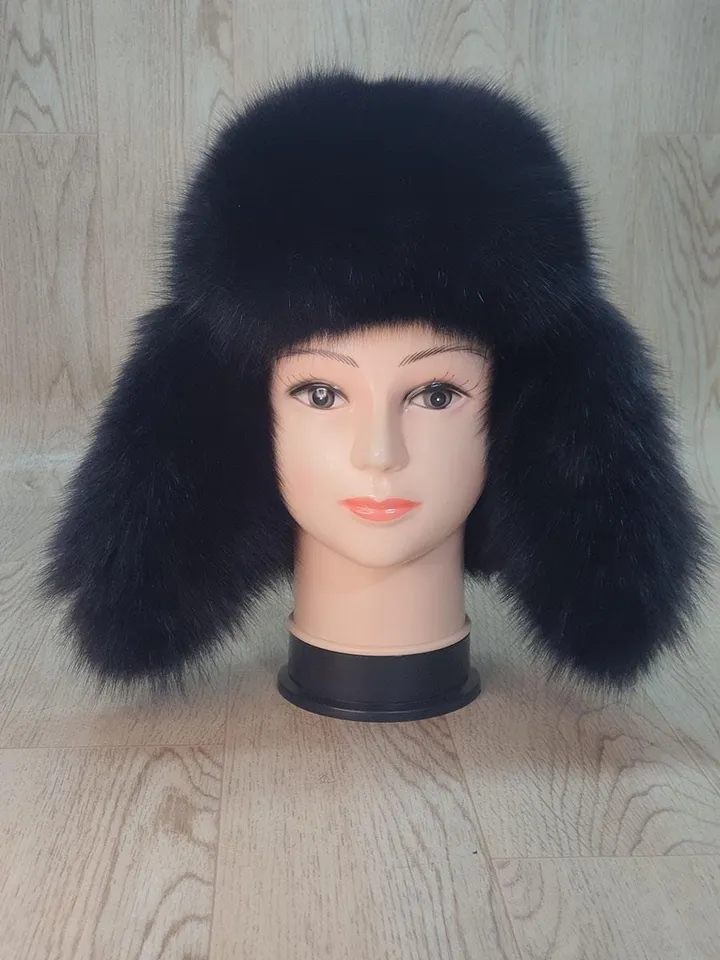 Women's Hat Zimushka from Fox. Fur hat from Natural Fur. Top of the Hat Genuine Leather. Winter hat. Handmade. Black hat made of arctic fur