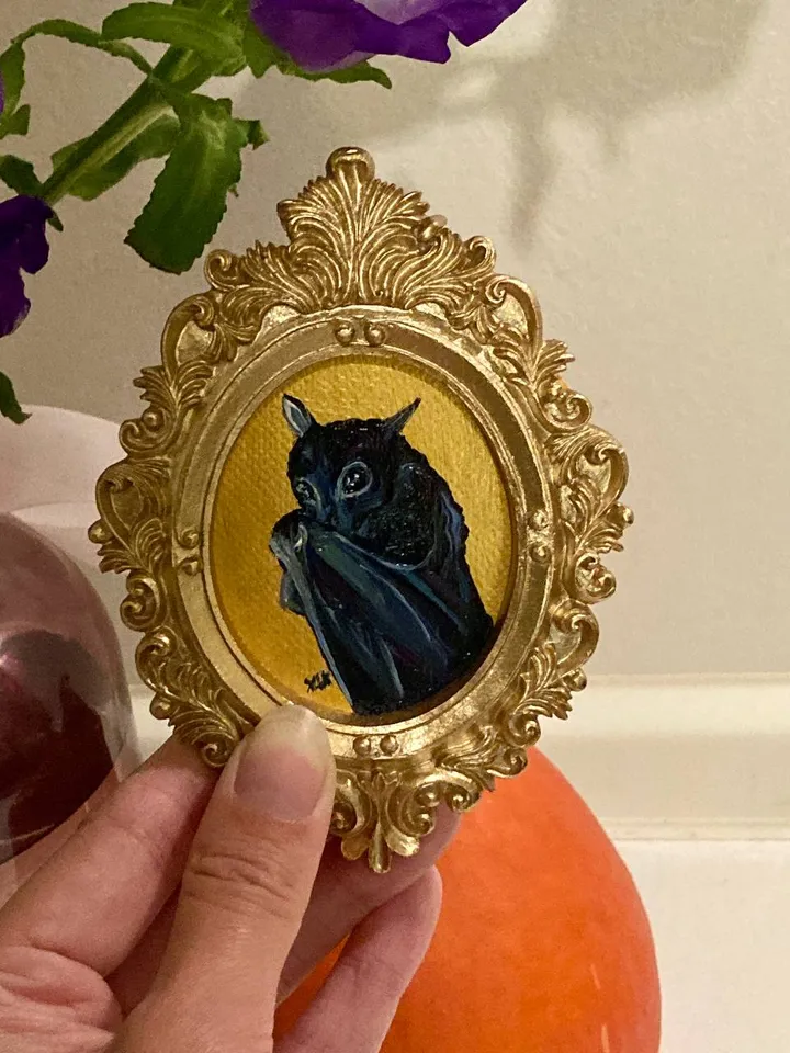 Bat Painting Original Framed Small Oil Painting Gold Frame