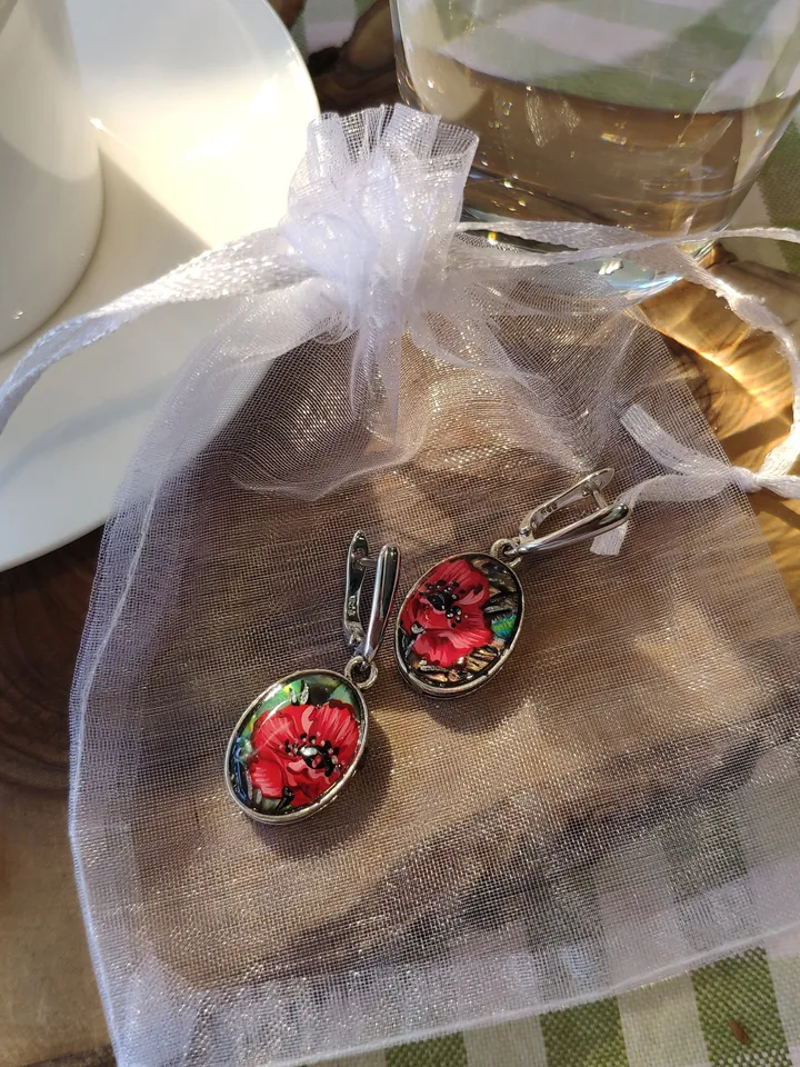 Pearl earrings: Tiny Elegant Red Pearl Earrings with hand painted Poppies • Aesthetic Handmade jewelry art earrings • Dainty gift for her