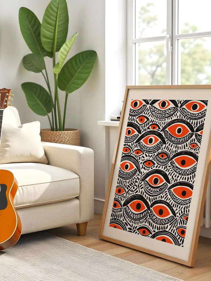 Bold Eye Wall Art, Psychedelic Eye Poster, Tribal Orange, Black Digital Print, Surreal Eye Illustration, Instant Download, crazy eyes art