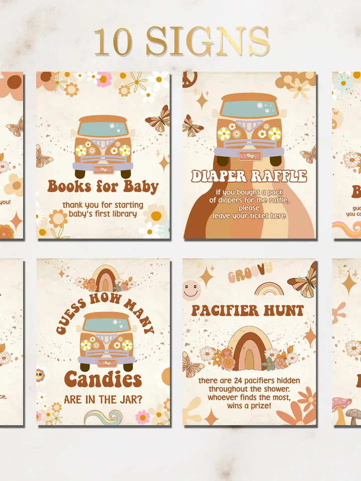 Groovy Baby Shower Games; Let's get groovy piece love; Printable daisy boho Baby Shower Party Games; groovy Shower Games;