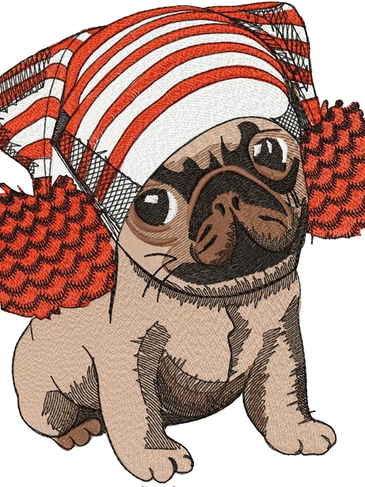 PUG IN A HAT 2 sizes Embroidery Design DIGITAL EMBROIDERY