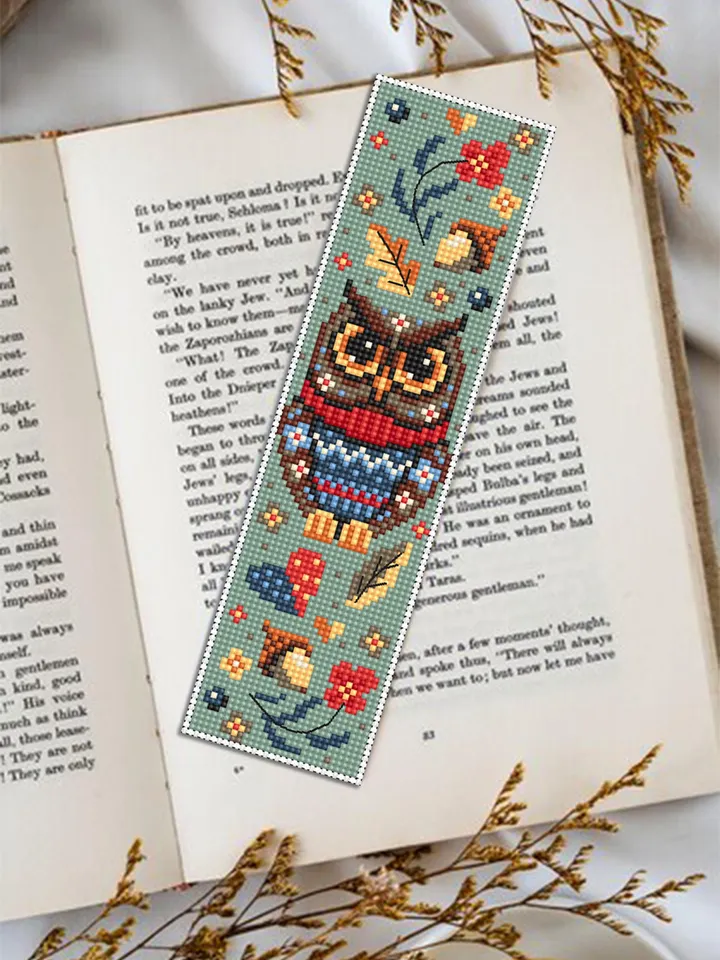 Bird bookmark cross stitch pattern PDF download Scandinavian folk owl cross stitch chart, Autumn bookmark pattern digital PDF #B429