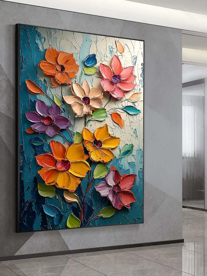Large Impasto Floral Painting, Textured 3D Flower Artwork, Colorful Original Art, Wall Art Decor, Modern Abstract Flowers,Home Office Decor