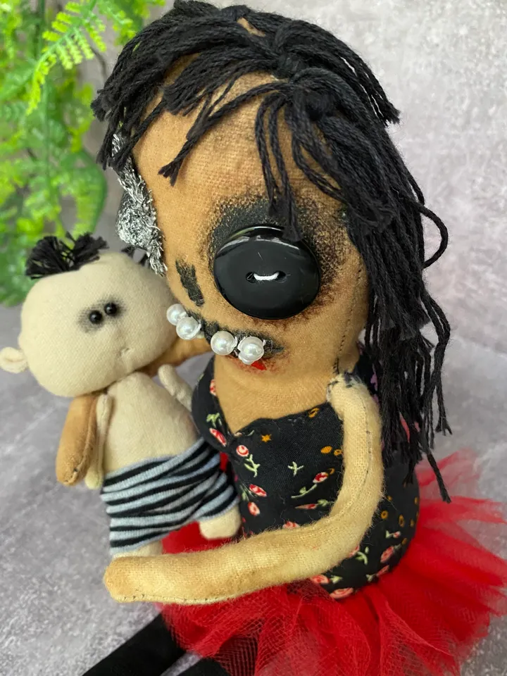 zombie family mother and son. handmade cloth dolls