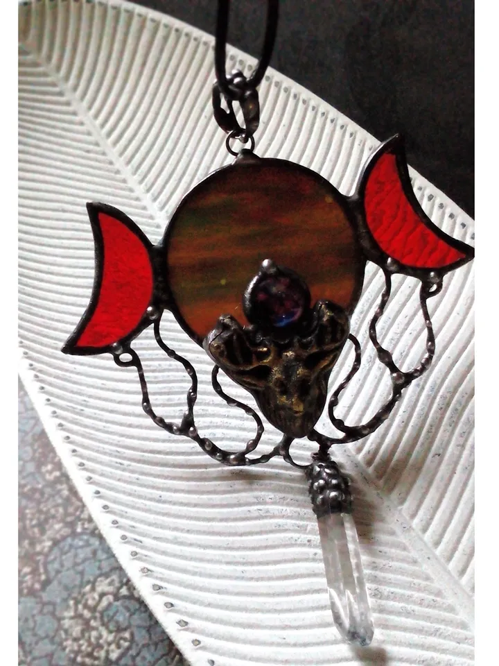 Deer antler jewelry, Deer head necklace, Triple moon, crescent deer, stag head, Stained glass, Yule jewelry, Halloween