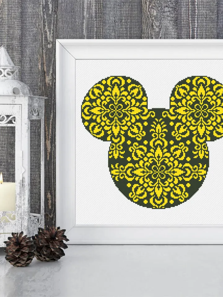Floral mouse head mandala cross stitch pattern Flower mandala pattern download PDF, Mouse silhouette cross stitch, Mouse ears design #M133