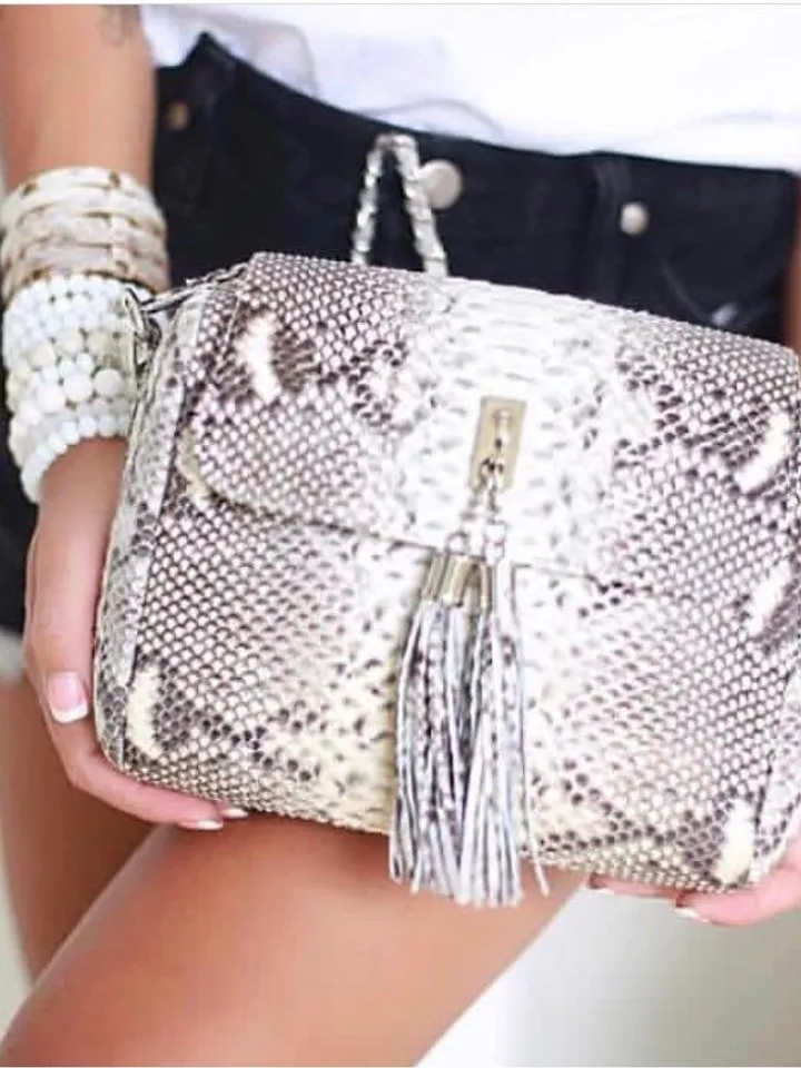 Genuine Python Skin Crossbody Bag Chain Tassel Snakeprint Bag Leather Woman Gray Free Shipping Handmade Summer Clutch Snake Skin Elegant Bag