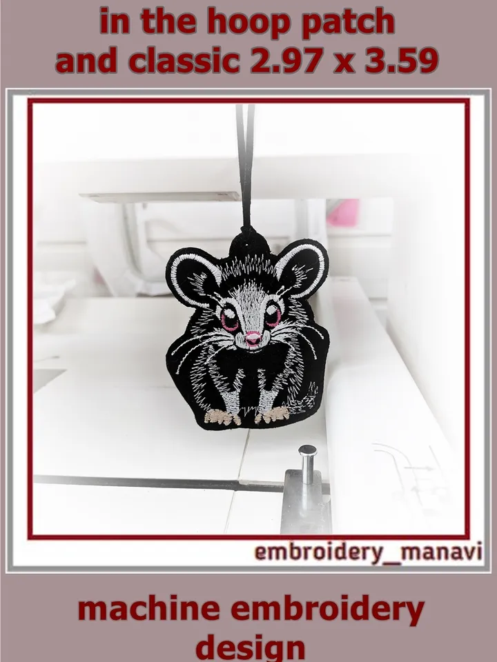 In The Hoop patch with cute Opossum and classic Machine embroidery design
