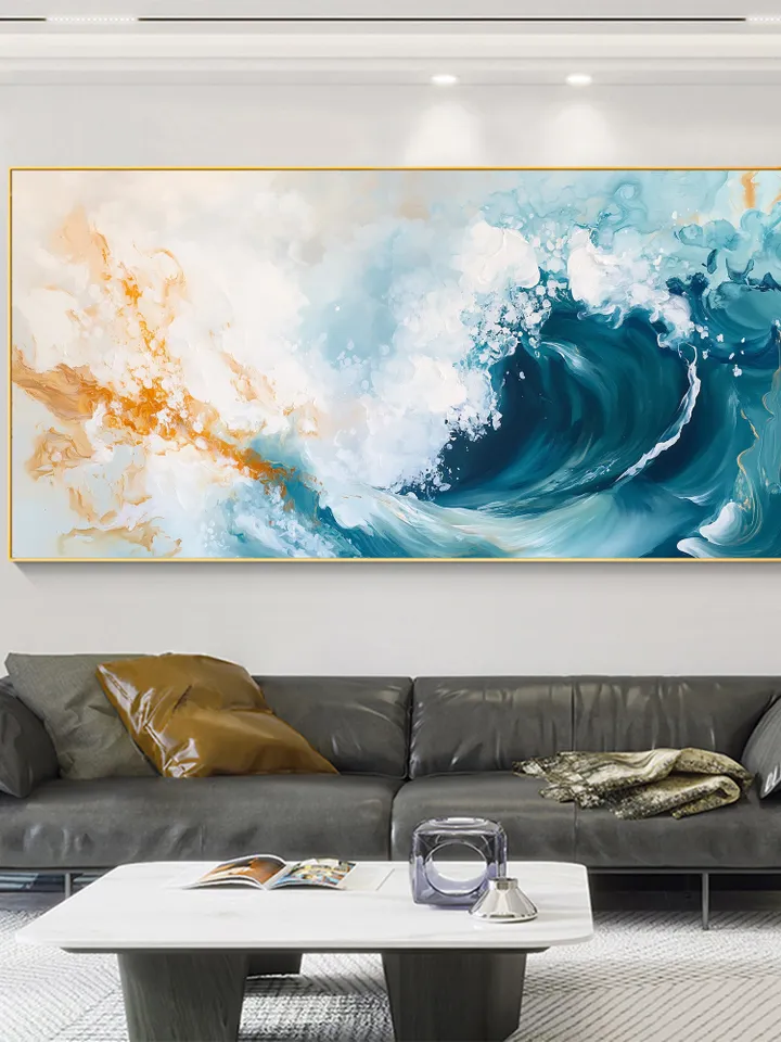 Ocean Wave Painting, Abstract Seascape Art, Blue and Gold Wall Art, Textured Wave Art, Large Canvas Artwork, Original Painting, Bedroom Art