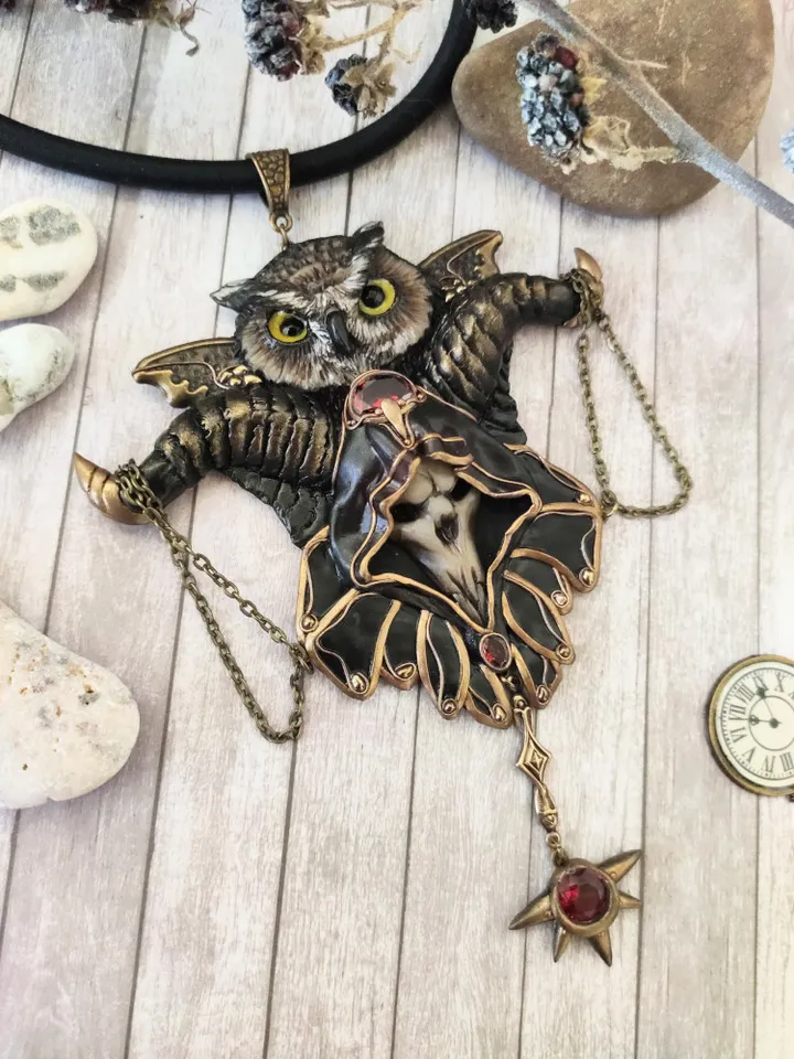 Art Necklace Wise Owl, Gothic necklace Owl,Sculptural necklace