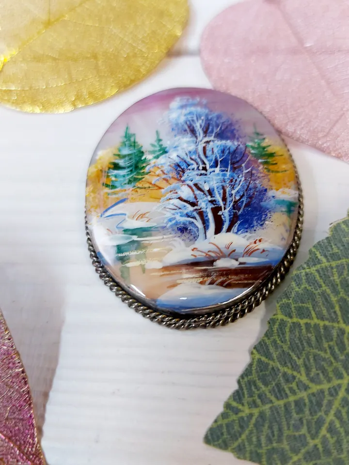 Brooches for women: Lonely solitary tree near snowy river on pearl brooch • aesthetic handmade jewelry • winter cute accessory for girl