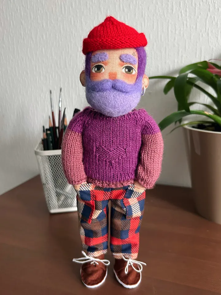 Textile doll sailor with purple beard