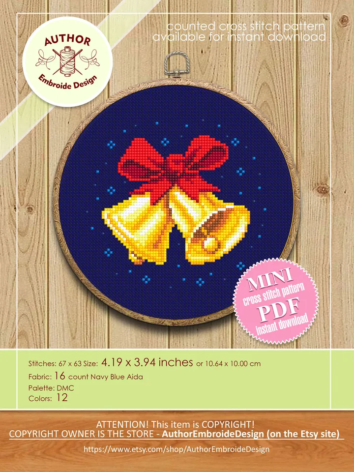 Christmas bells cross stitch pattern PDF download Christmas ornament cross stitch chart, Christmas pattern digital PDF, Jingle bells #N121