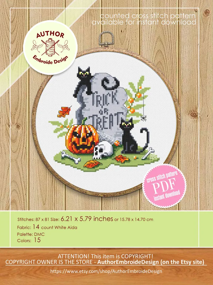 Halloween cross stitch pattern PDF download Black cat cross stitch chart, Trick or Treat Halloween pattern digital PDF, Halloween grave #H75