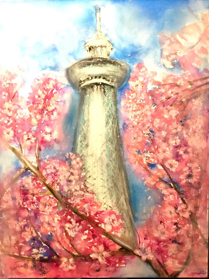 Japan painting,Tokio painting,original watercolour,pastel painting,sakura flowers wall art.