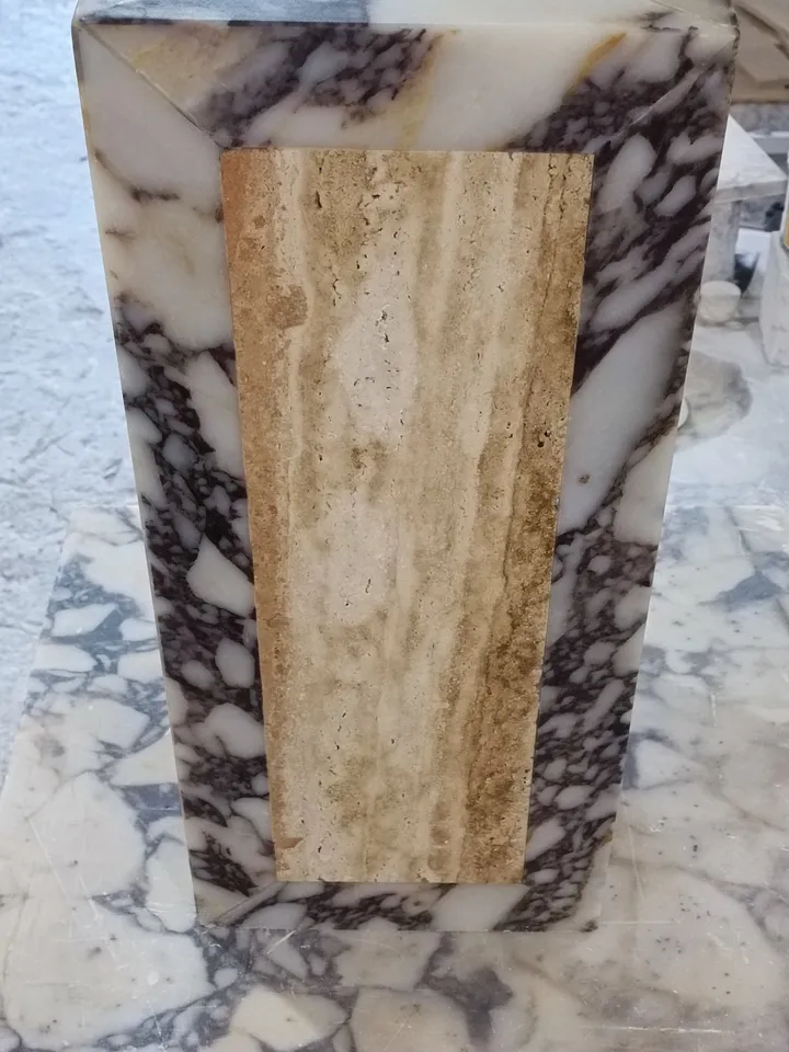 Calacatta Viola Marble and Travertine double color side table, end table, italian marble 100% handmade, cube marble, calacatta plinth