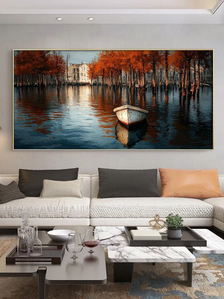 Canal Oil Painting, Autumn Scene Large Wall Art, Boat Painting, Fall Colors Artwork, Cityscape Art, Original Painting, Water Reflection Art