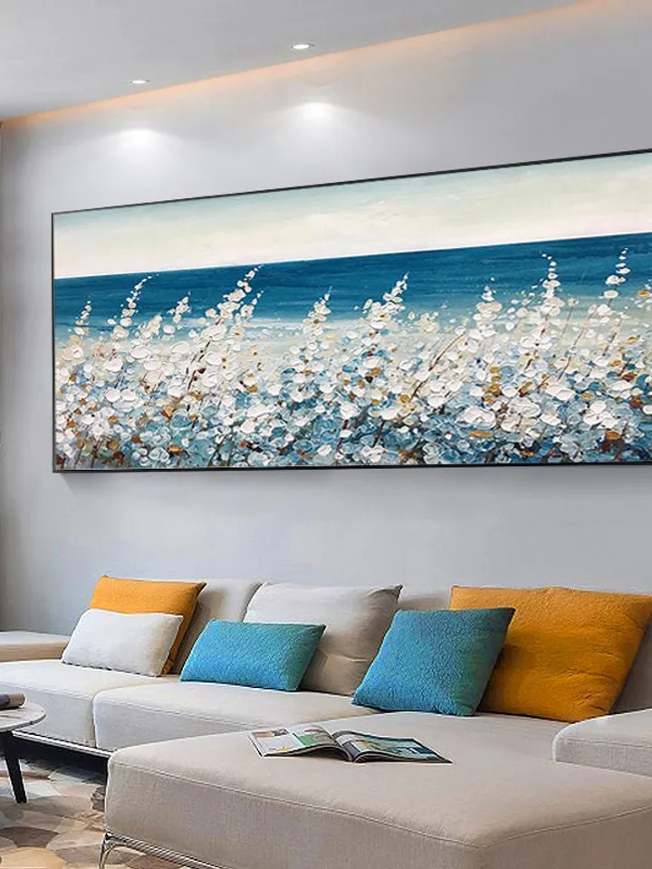 Original Flower Oil Painting On Canvas, Abstract Blud Sea Painting, Boho wall décor, Living Room Wall Art, Heavy Textured Impasto Painting