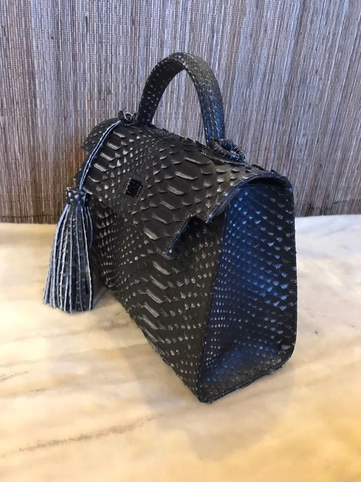 Top handle black w white classy genuine python skin bag | exotic leather bags | Elegant women purse | snake skin bag | designer leather bag