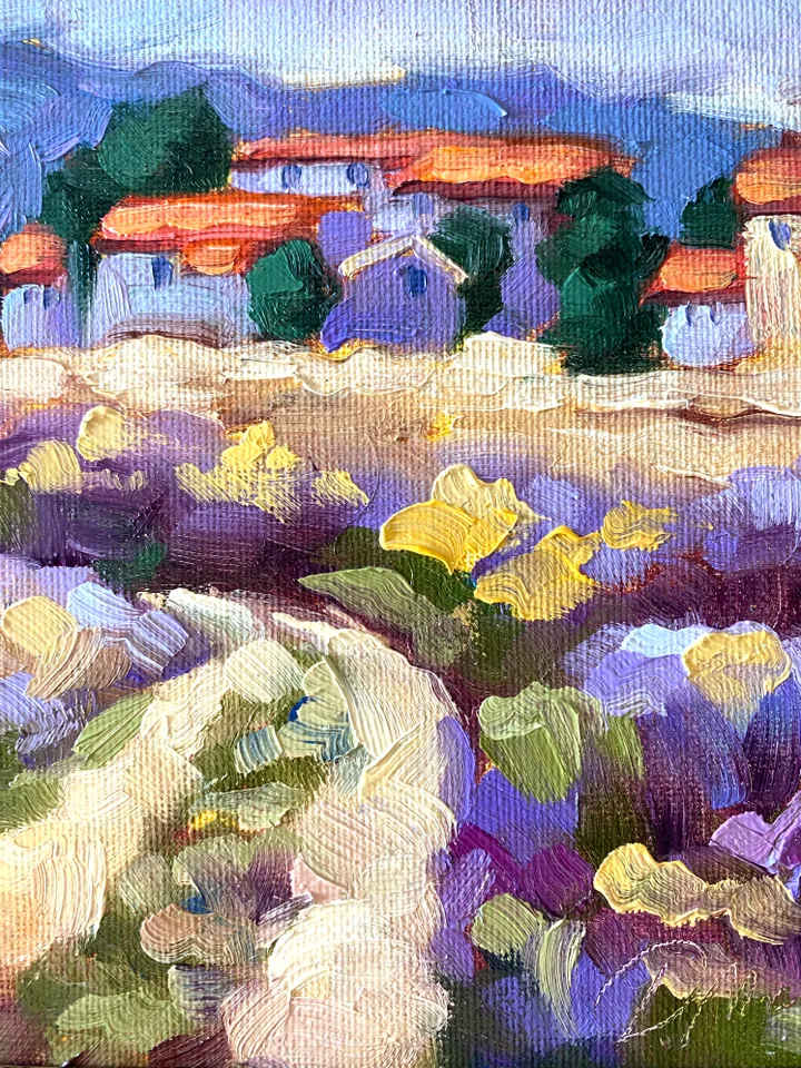 Lavender Fields Painting Tuscany Original Art Landscape Oil Painting Impasto Small Artwork 6x6 Tuscan Serenity Painting Wild Flowers