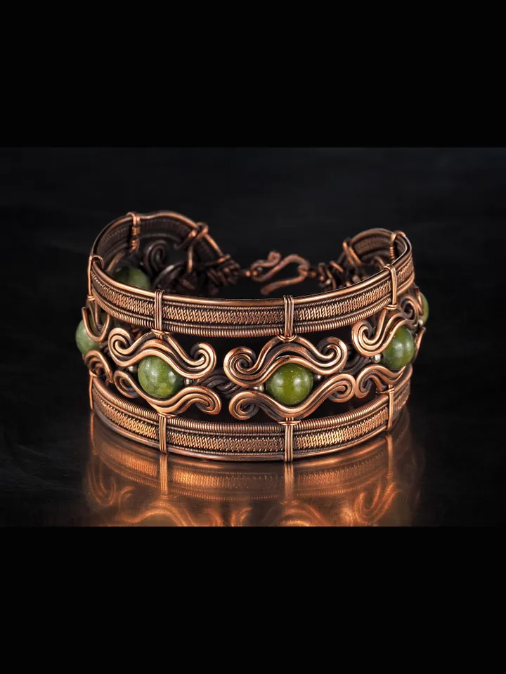 Copper wire wrapped jade bracelet 7th Anniversary gift