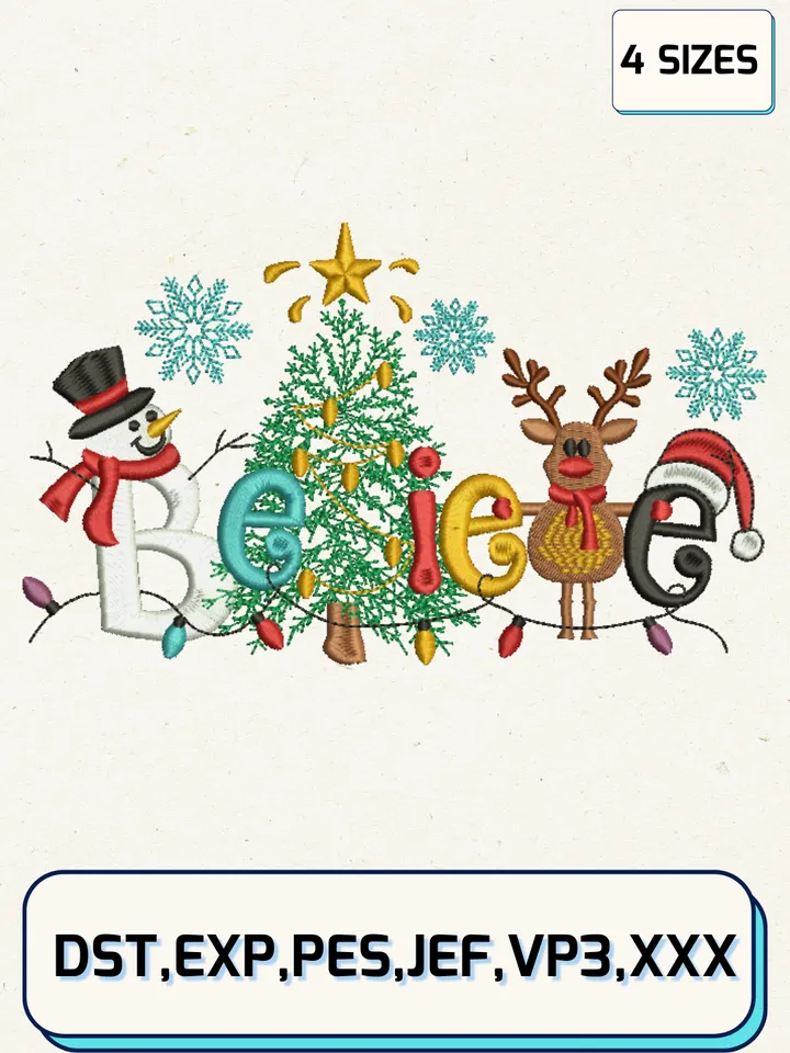 Believe Christmas Embroidery Design,Christmas Embroidery Designs,Machine Embroidery Files,4 Sizes