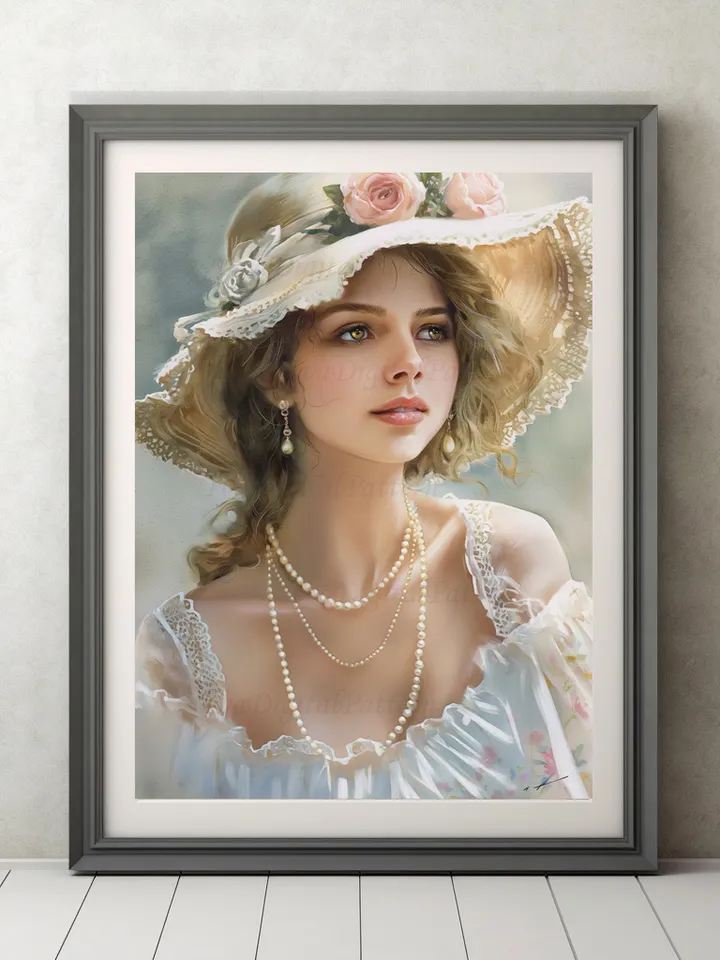 Digital painting. French woman. Romantic girl with a hat. Wall decoration in pastel colors. Parisienne. Digital illustration.Instant download.