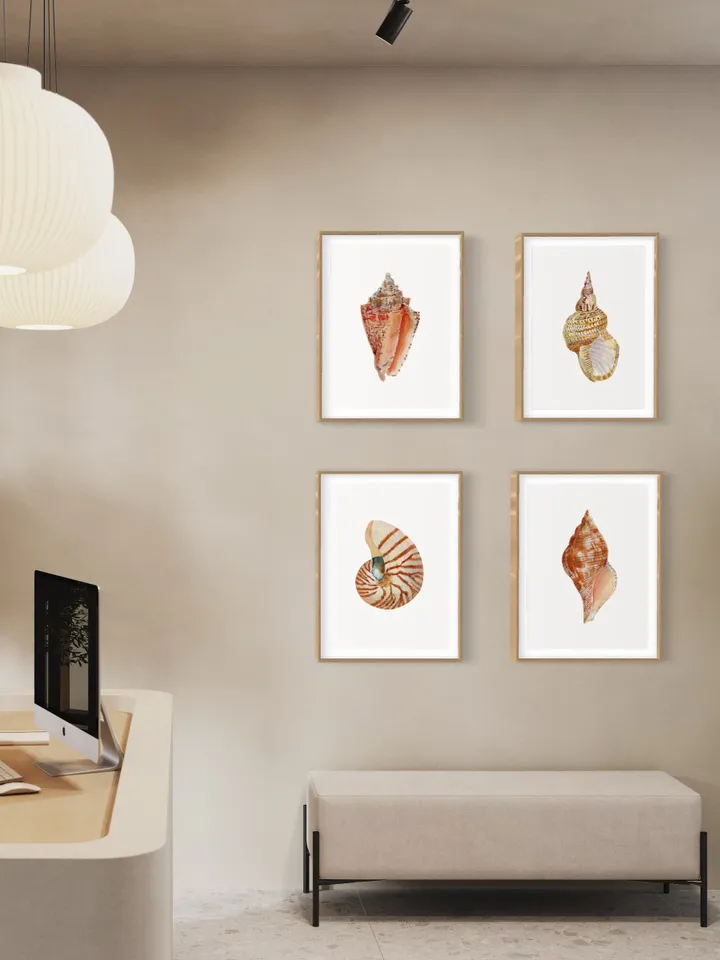 Sea Shell Art, Set Of 4 Art Prints, Watercolor Nautical Painting, Coastal Art Prints, Beach Gift, Seaside Decor, Bathroom Art