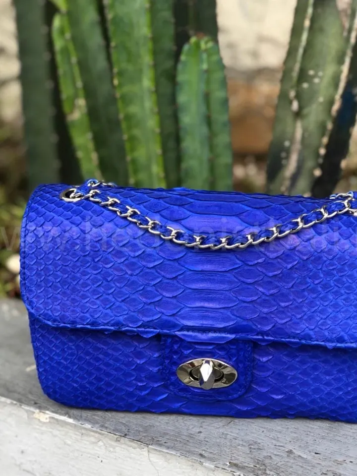 Blue Genuine Python Skin Crossbody Chain Bag | Bright Summer Bag | Elegant Women Bag | Chain Strap Crossbody Ultramarine Royal Blue Purse