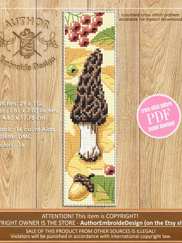 Mushroom bookmark cross stitch pattern PDF download Morel mushroom cross stitch chart, Digital bookmark pattern PDF, Fall embroidery #B161