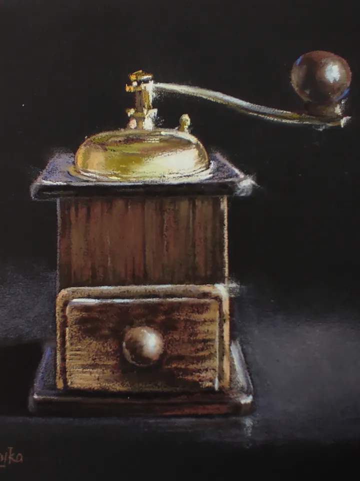Coffee grinder. Kitchen utensils. Original soft pastel drawing.