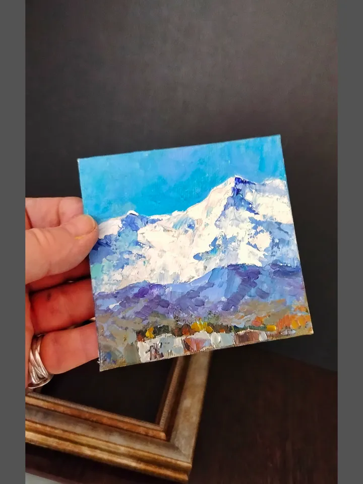 Original Oil Painting Mountain Landscape Wall Art Impasto Artwork Painting in Frame Canvas Painting 4 by 4 inches by Natalia