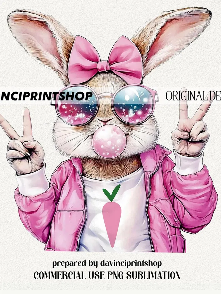 Retro Easter Bunny Blowing Bubble PNG, Easter Bunny png, Easter png, Funny Easter Bunnie Sunglasses, Retro Easter png, Bunny png, Spring png