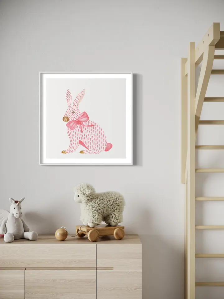 Pink Rabbit Watercolor Painting, Chinoiserie Rabbit, Pink Bunny Nursery, Baby Easter, Chinoiserie Bow Art, Pink Bow Art, Girls Room Decor