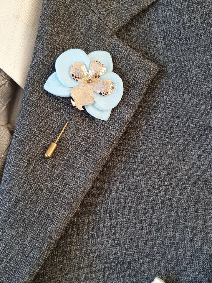 Blue orchid men's lapel pin Leather boutonniere for him 3rd anniversary gift