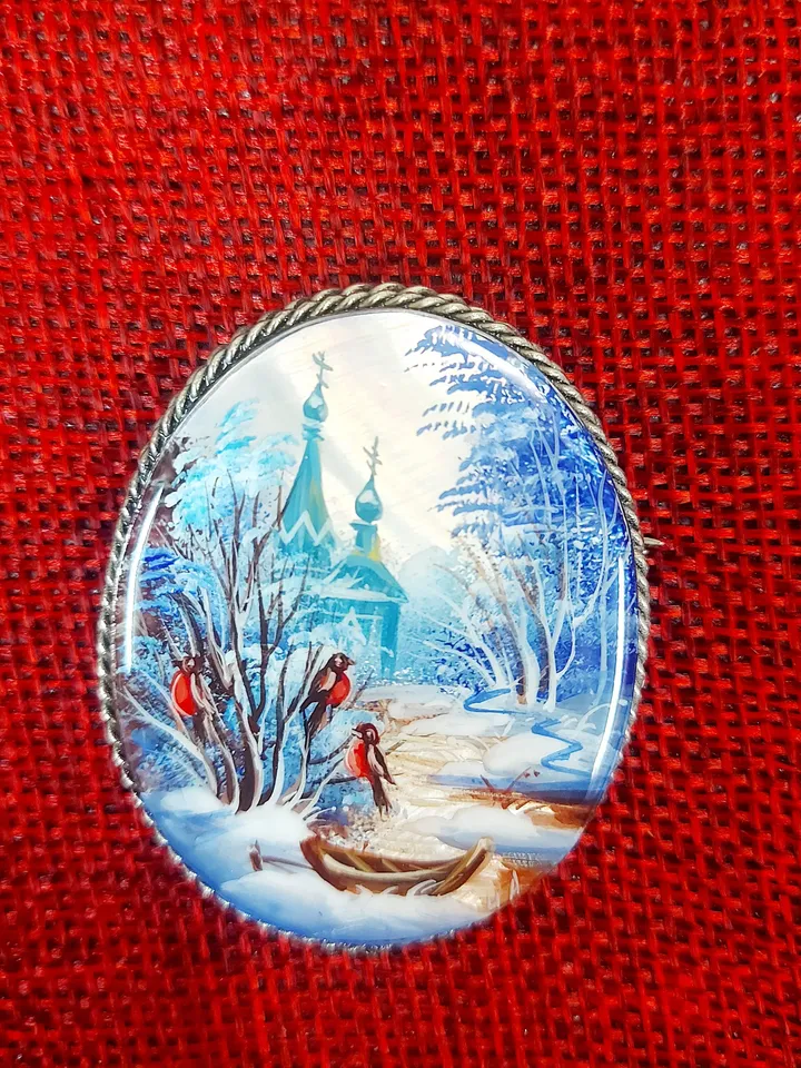 Mother-of-pearl Russian brooch "Russian Winter", Miniature hand-painted, Russian fine art jewelry, Аbalone shell. Russia gift for woman. Pin