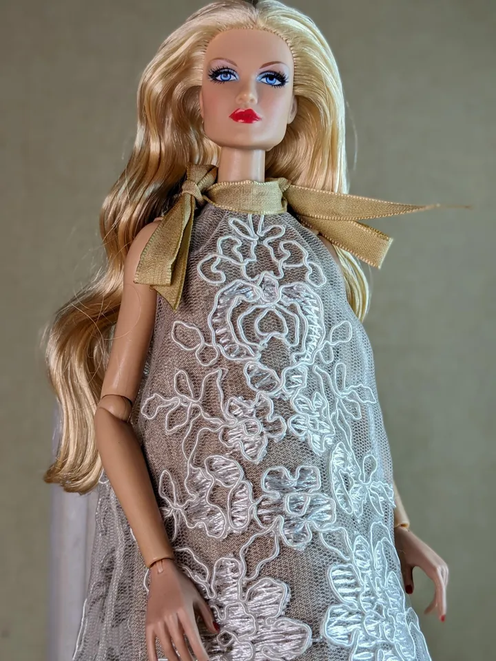 Handmade white & beige lace dress for 13-inch fashion dolls