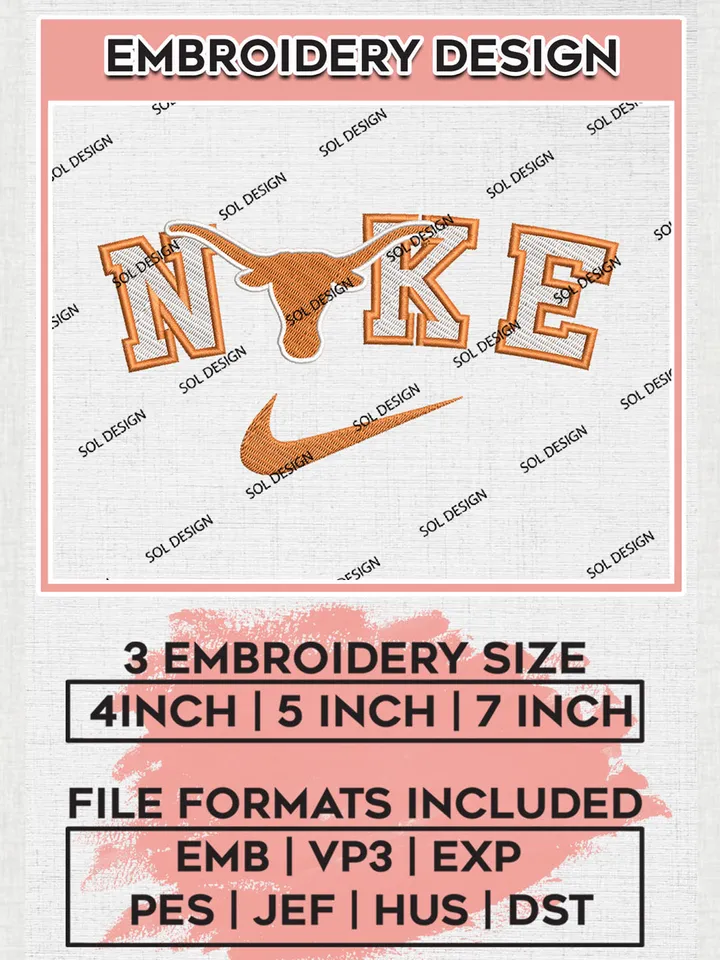 Nike Texas Longhorns Machine Embroidery Design, NCAA Texas Longhorns Embroidery Design Design files, NCAA Embroidery Designs, NCAA Machine Embroidery Designs, Digital Download