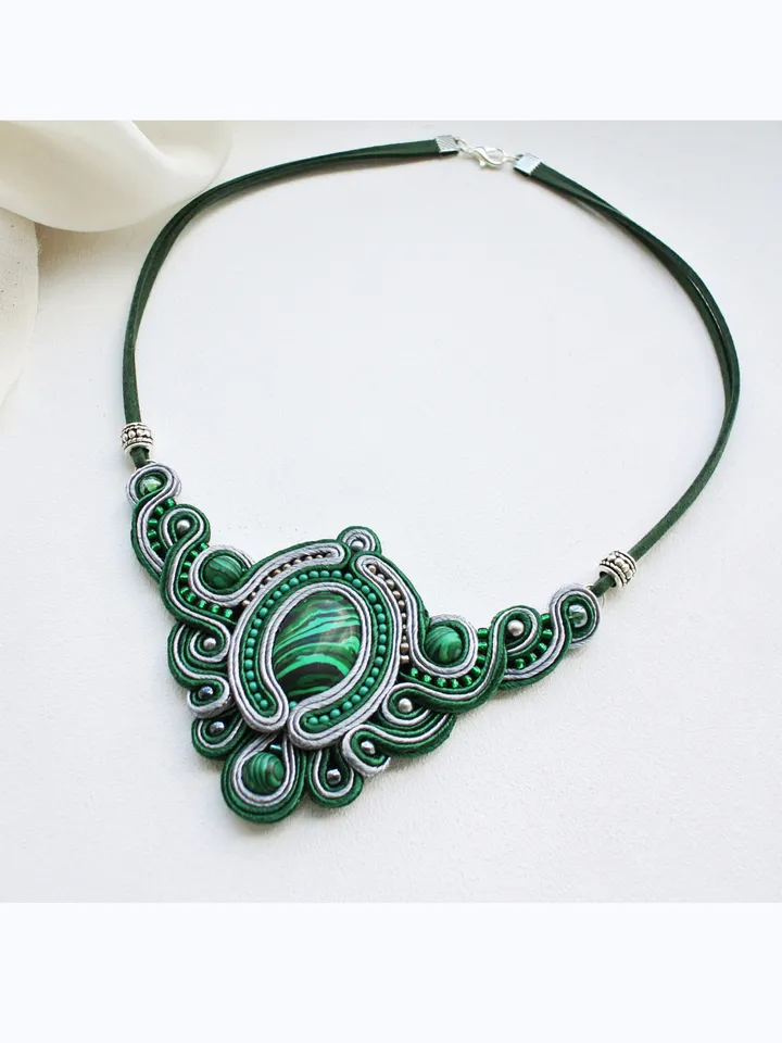 Malachite Green Statement Necklace, Soutache embroidered necklace with natural stone